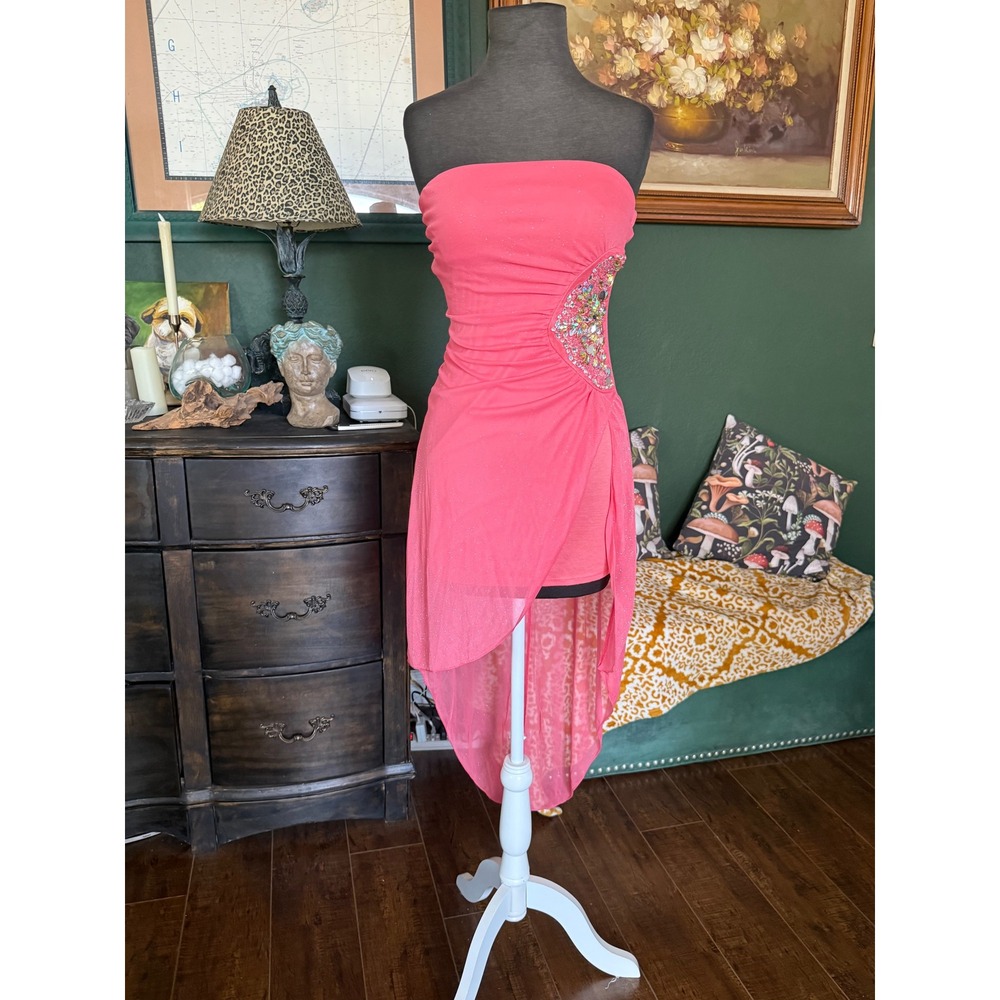 Deb Coral Pink Shimmer High-Low Strapless Rhinestone‎ Prom Dress Size S
